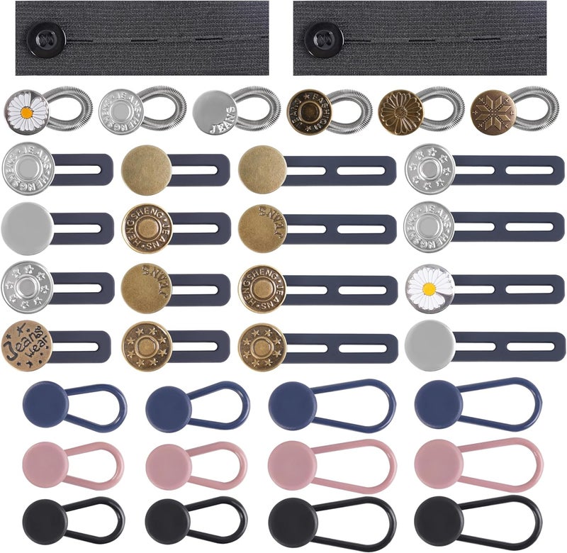 TaShow 36 Pcs No-Sew Button Extenders for Jeans, Adjustable Pants Button Extender, Invisible Waistband Extenders with Fabric Belts and Zinc Alloy Buttons, Comfortable Pants Extender for Women and Men - Image 1